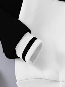 Young Boy's Color Block Fleece Button Jacket With Letter Design - Black and White - View 5