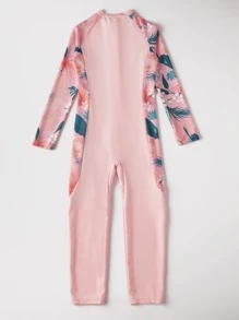 SHEIN Tween Girl Floral Print Zip Front One Piece Swimsuit - Pink - View 2