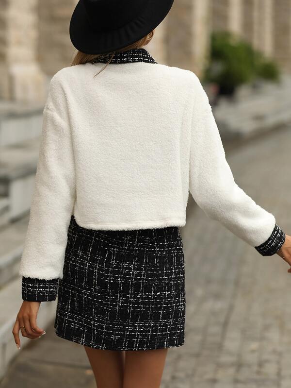 SHEIN Frenchy Contrast Trim Teddy Jacket & Tweed Skirt SHEIN USA