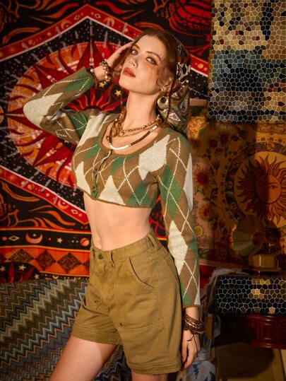 Argyle Pattern Button Front Crop Cardigan