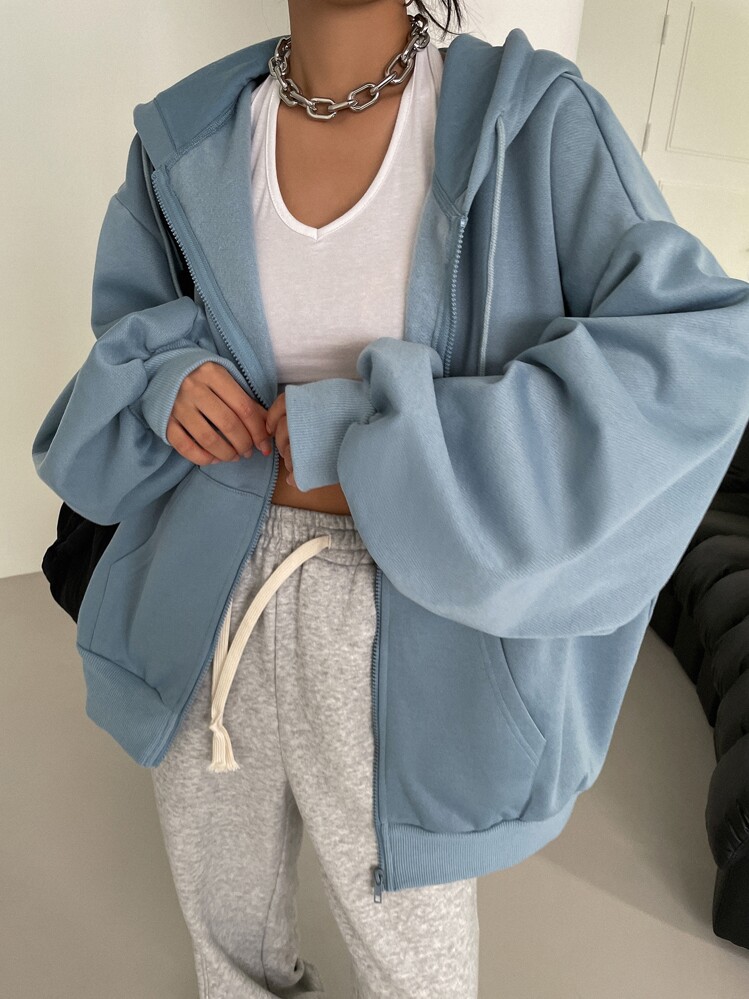 DAZY Zip Up Drop Shoulder Drawstring Thermal Lined Hoodie,Long Sleeve Tops,Fall Women Clothes Sweatshirt Jacket