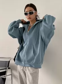 DAZY Zip Up Drop Shoulder Drawstring Thermal Lined Hoodie,Long Sleeve Tops,Fall Women Clothes