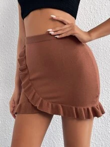 SHEIN SXY Ruffle Trim Wrap Knit Skirt - Rust Brown - View 2