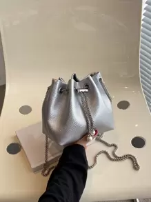 Mini Metallic Litchi Embossed Faux Pearl Decor Chain Bucket Bag - Silver - View 1