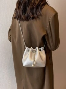 Mini Metallic Litchi Embossed Faux Pearl Decor Chain Bucket Bag - Silver - View 3