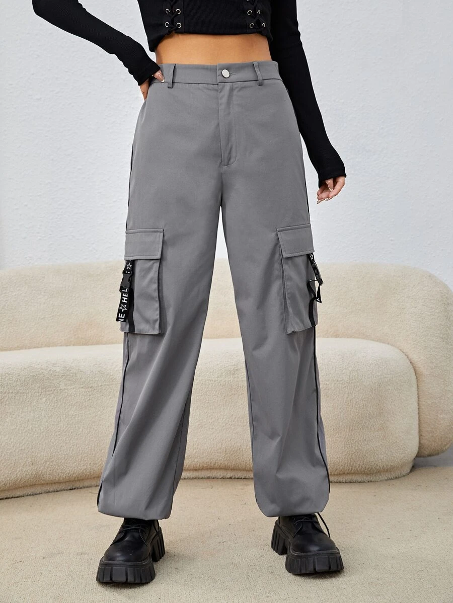 SHEIN Coolane Pantalones cargo de talle alto con hebilla con bolsillo lateral con solapa - Gris - Ver 1