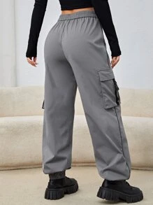 SHEIN Coolane Pantalones cargo de talle alto con hebilla con bolsillo lateral con solapa - Gris - Ver 2