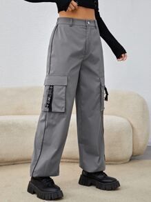 SHEIN Coolane Pantalones cargo de talle alto con hebilla con bolsillo lateral con solapa - Gris - Ver 5
