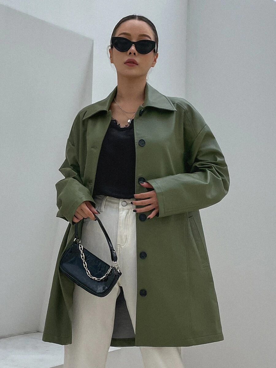 DAZY Drop Shoulder Button Up PU Coat - Green - View 1