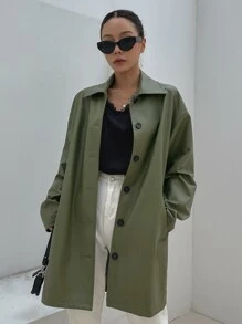 DAZY Drop Shoulder Button Up PU Coat - Green - View 3