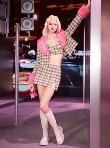 SHEIN ICON Plaid Tweed Borg Collar Overcoat - Multicolor - View 5