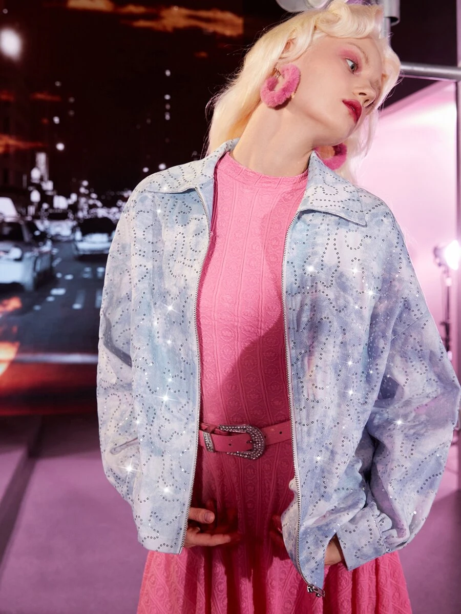 SHEIN ICON Tie Dye Contrast Sequins Drop Shoulder Jacket - Baby Blue - View 1