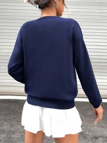 Union Jack Flag Pattern Drop Shoulder Crop Jumper - Navy Blue - View 2