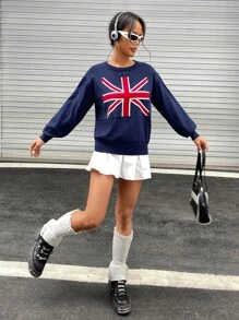 Union Jack Flag Pattern Drop Shoulder Crop Jumper - Navy Blue - View 3