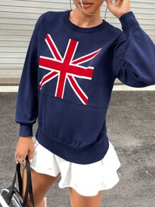 Union Jack Flag Pattern Drop Shoulder Crop Jumper - Navy Blue - View 6