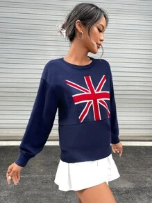 Union Jack Flag Pattern Drop Shoulder Crop Jumper - Navy Blue - View 5