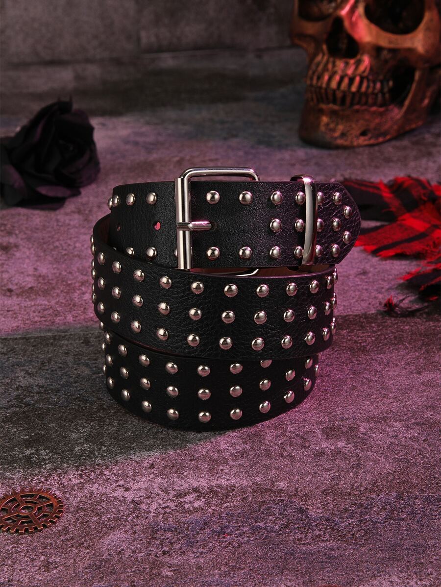 街頭釘裝飾方形扣帶 - 黑色 - 查看 1