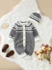 嬰兒菱形印花插肩袖針織連身褲和帽 - 灰色 - 查看 1