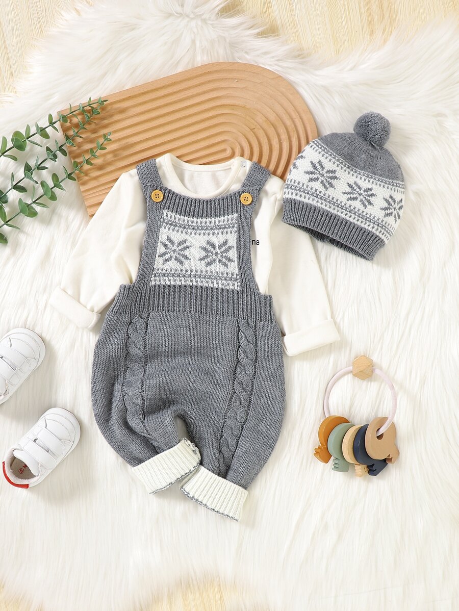 SHEIN Baby Girl Geo Pattern Cable Knit Jumpsuit & Accessory Hat Without Tee - Grey - View 1