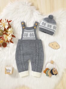 SHEIN Baby Girl Geo Pattern Cable Knit Jumpsuit & Accessory Hat Without Tee - Grey - View 5