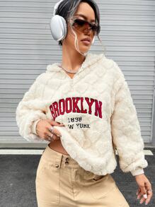 SHEIN EZwear Hoodie Thêu Chữ Thả vai Dây kéo mặt trước Flannel - Màu be - Xem 3