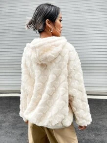 SHEIN EZwear Hoodie Thêu Chữ Thả vai Dây kéo mặt trước Flannel - Màu be - Xem 4