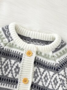 嬰兒菱形印花插肩袖針織連身褲和帽 - 灰色 - 查看 5