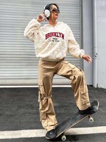 SHEIN EZwear Hoodie Thêu Chữ Thả vai Dây kéo mặt trước Flannel - Màu be - Xem 5