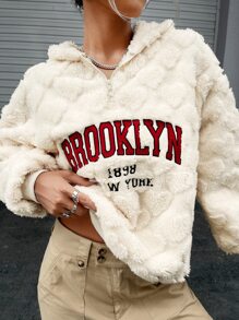 SHEIN EZwear Hoodie Thêu Chữ Thả vai Dây kéo mặt trước Flannel - Màu be - Xem 6