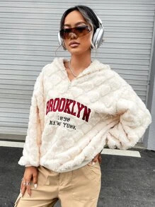 SHEIN EZwear Hoodie Thêu Chữ Thả vai Dây kéo mặt trước Flannel - Màu be - Xem 7