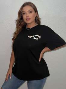 SHEIN EZwear Áo thun Plus size Hoạt hình Slogan Giải trí - màu đen - Xem 2
