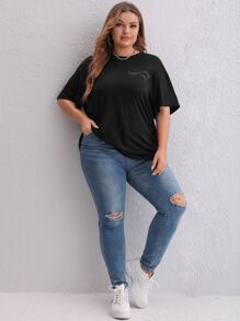 SHEIN EZwear Áo thun Plus size Hoạt hình Slogan Giải trí - màu đen - Xem 4