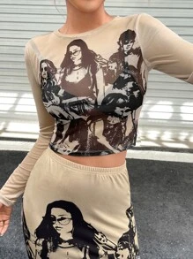 SHEIN ICON Áo nữ cắt Con số Giải trí - màu nâu - Xem 4