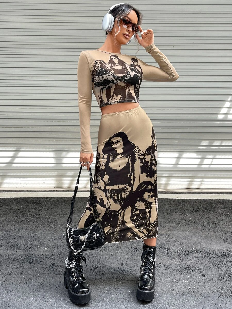 SHEIN ICON Áo nữ cắt Con số Giải trí - màu nâu - Xem 1