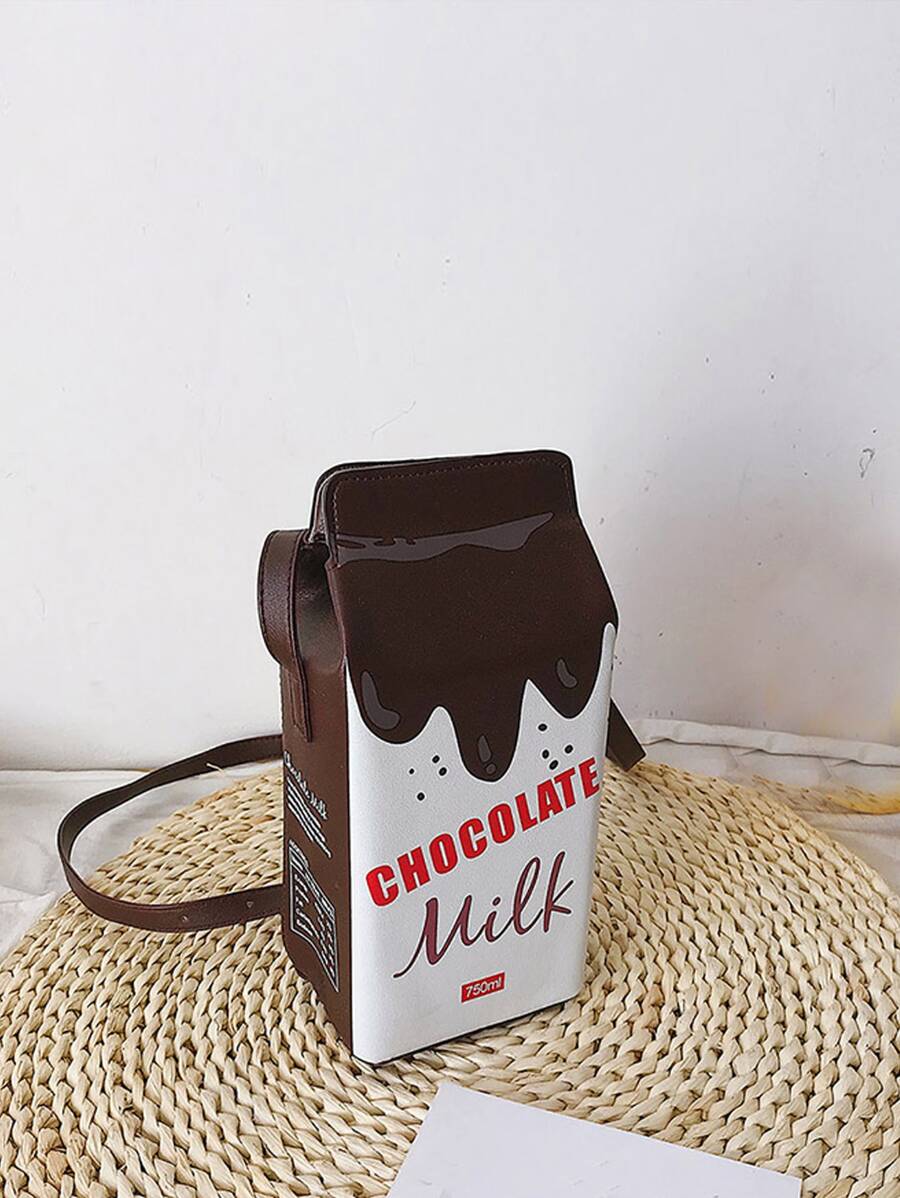 Mini Printed Minimalist Cute Animal Milk Carton Shape Crossbody Bag, Girl Flap Magnetic Closure Purse - Coffee Brown - View 1