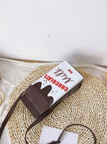 Mini Printed Minimalist Cute Animal Milk Carton Shape Crossbody Bag, Girl Flap Magnetic Closure Purse - Coffee Brown - View 2