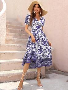 SHEIN VCAY 滿版印花泡泡袖交疊領連衣裙 - 彩色 - 查看 3