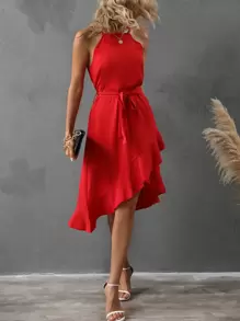 SHEIN LUNE Vestido de tirantes cruzado unicolor ribete con fruncido con cinturón - Rojo - Ver 1