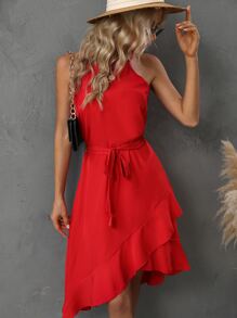 SHEIN LUNE Vestido de tirantes cruzado unicolor ribete con fruncido con cinturón - Rojo - Ver 3