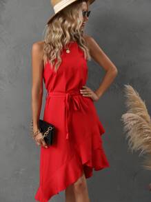 SHEIN LUNE Vestido de tirantes cruzado unicolor ribete con fruncido con cinturón - Rojo - Ver 4