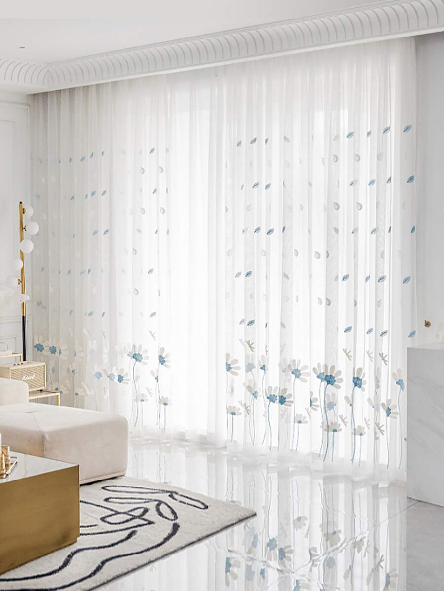 Cortina transparente panel única con bordado de flor & libélula - Multicolor - Ver 1