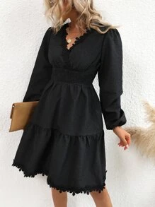 SHEIN Unity 鏤空蕾絲花邊燈籠袖荷葉邊洋裝 - 黑色 - 查看 3