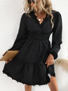 SHEIN Unity 鏤空蕾絲花邊燈籠袖荷葉邊洋裝 - 黑色 - 查看 6