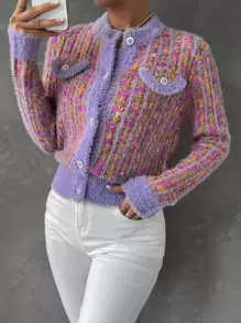 SHEIN Qutie 毛茸邊前紐扣開襟衫 - 彩色 - 查看 4