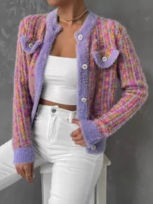 SHEIN Qutie 毛茸邊前紐扣開襟衫 - 彩色 - 查看 3