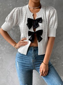 SHEIN Essnce Puff Sleeve Tie Front Pointelle Knit Cardigan - Apricot - View 1