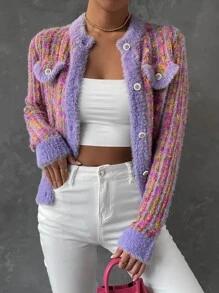 SHEIN Qutie 毛茸邊前紐扣開襟衫 - 彩色 - 查看 1