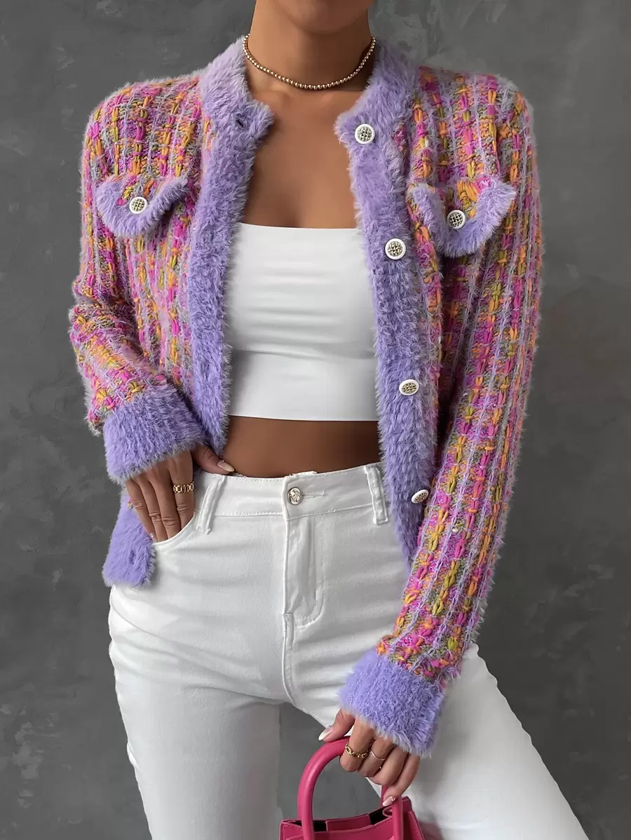 SHEIN Qutie 毛茸邊前紐扣開襟衫 - 彩色 - 查看 1