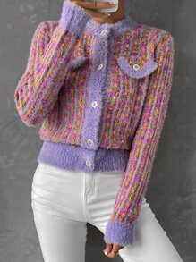 SHEIN Qutie 毛茸邊前紐扣開襟衫 - 彩色 - 查看 6