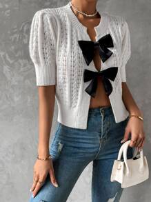 SHEIN Essnce Puff Sleeve Tie Front Pointelle Knit Cardigan - Apricot - View 3